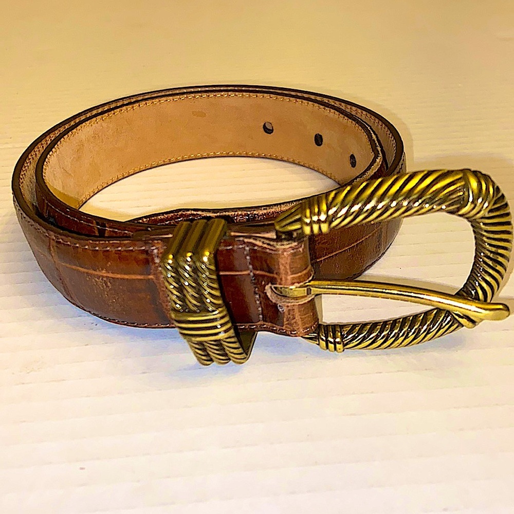 Brighton Women Size Small Brown Five Holes Adjustable Croc Style Gold Metal Belt